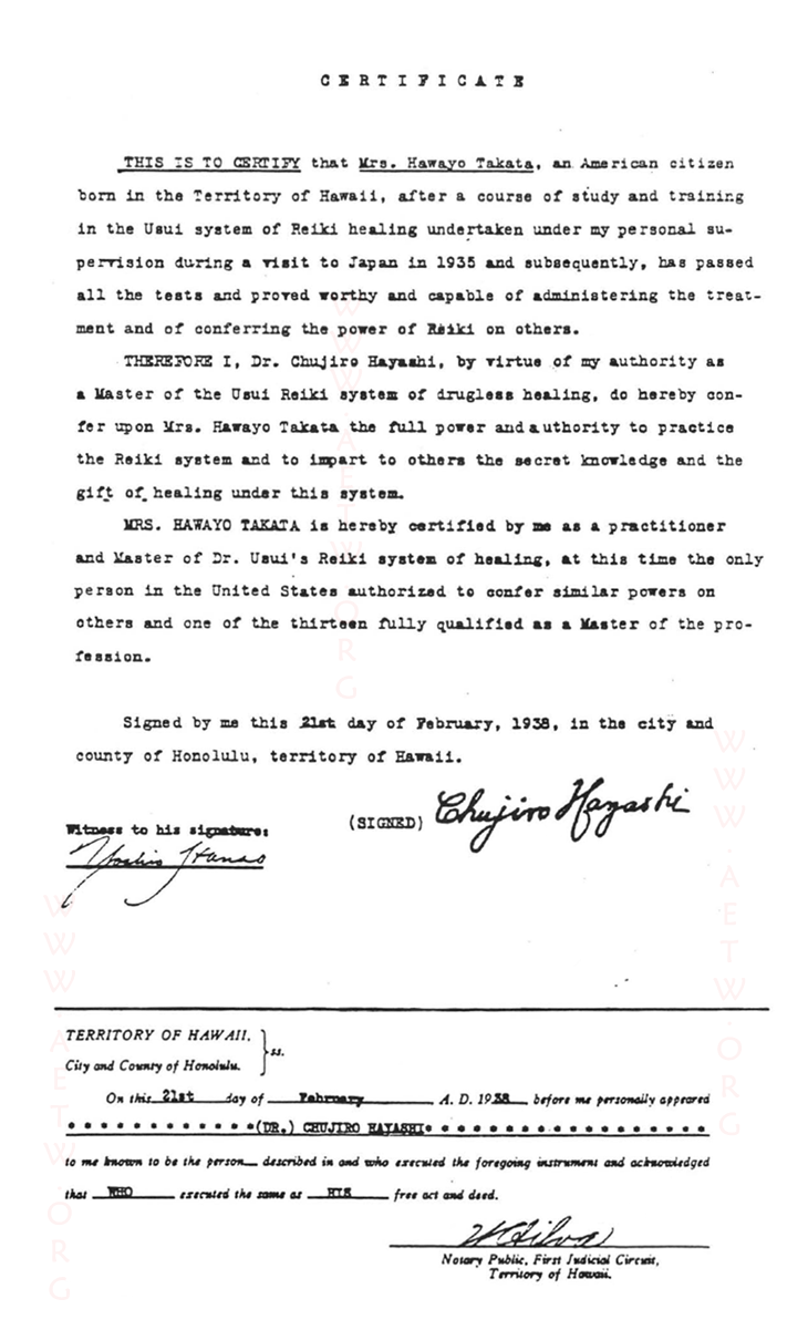 Takata's Reiki Certificate